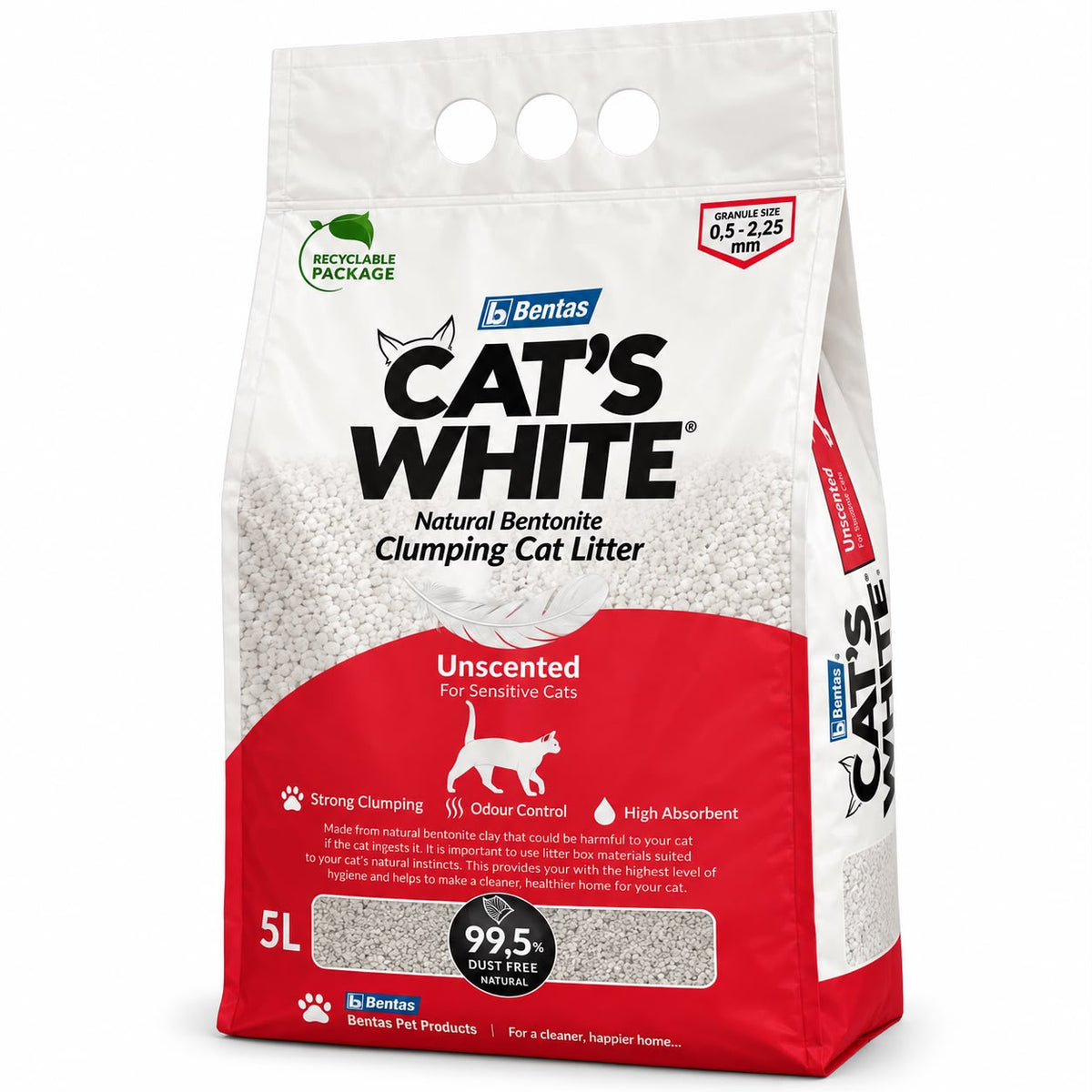 Bentas Cat’s White Natural Bentonite Clumping Cat Litter – Unscented for Sensitive Cats, 5L