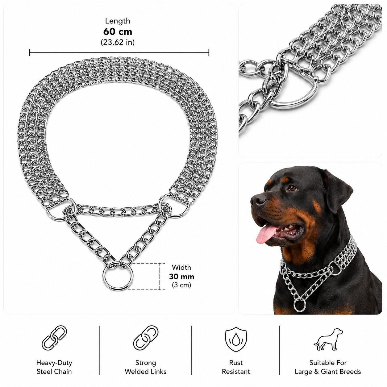 Heavy-Duty Multi-Row Training Chain Collar for Dogs – 60 cm | 30 mm
