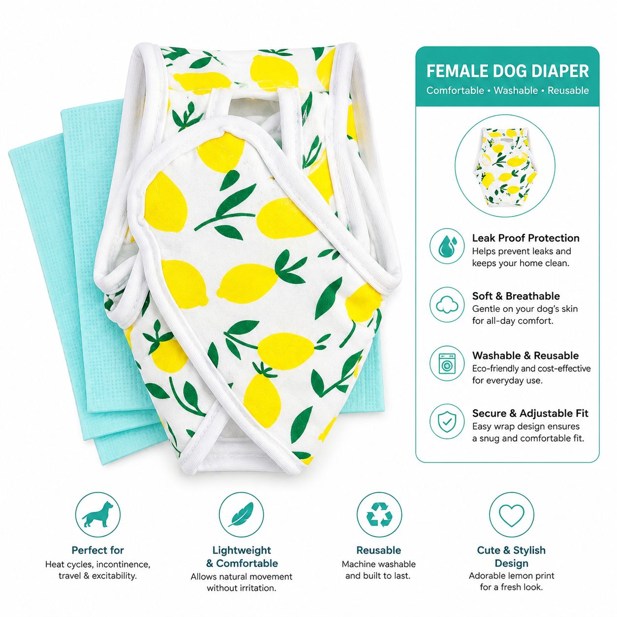 Reusable Female Dog Diaper with Pads – Lemon Print