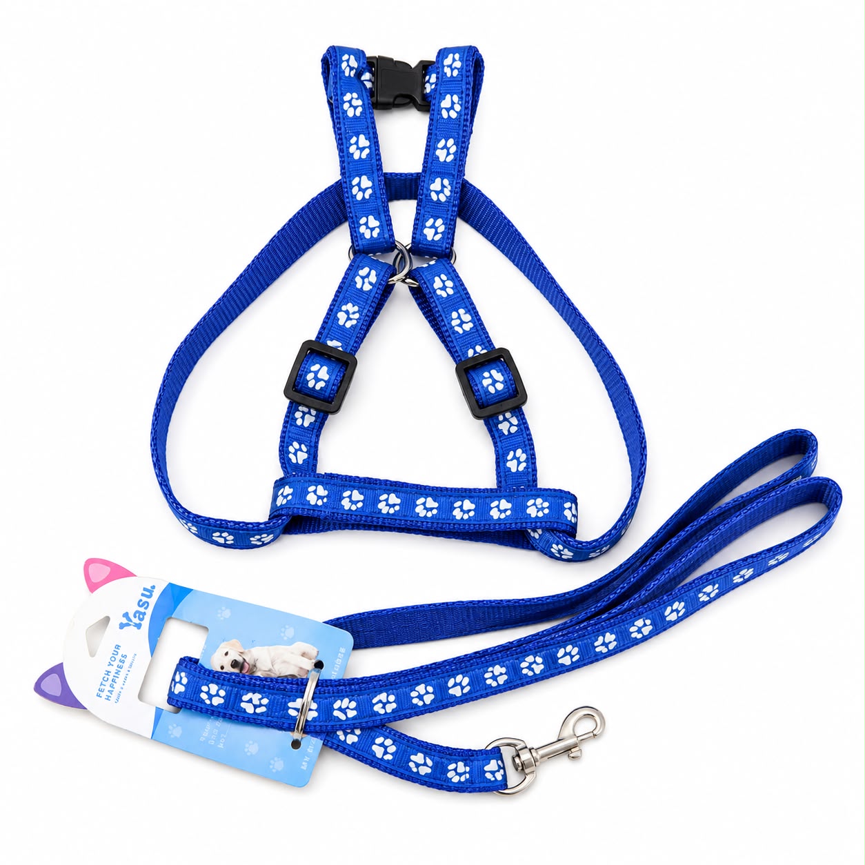 Blue Paw Print Pet Harness & Leash Set