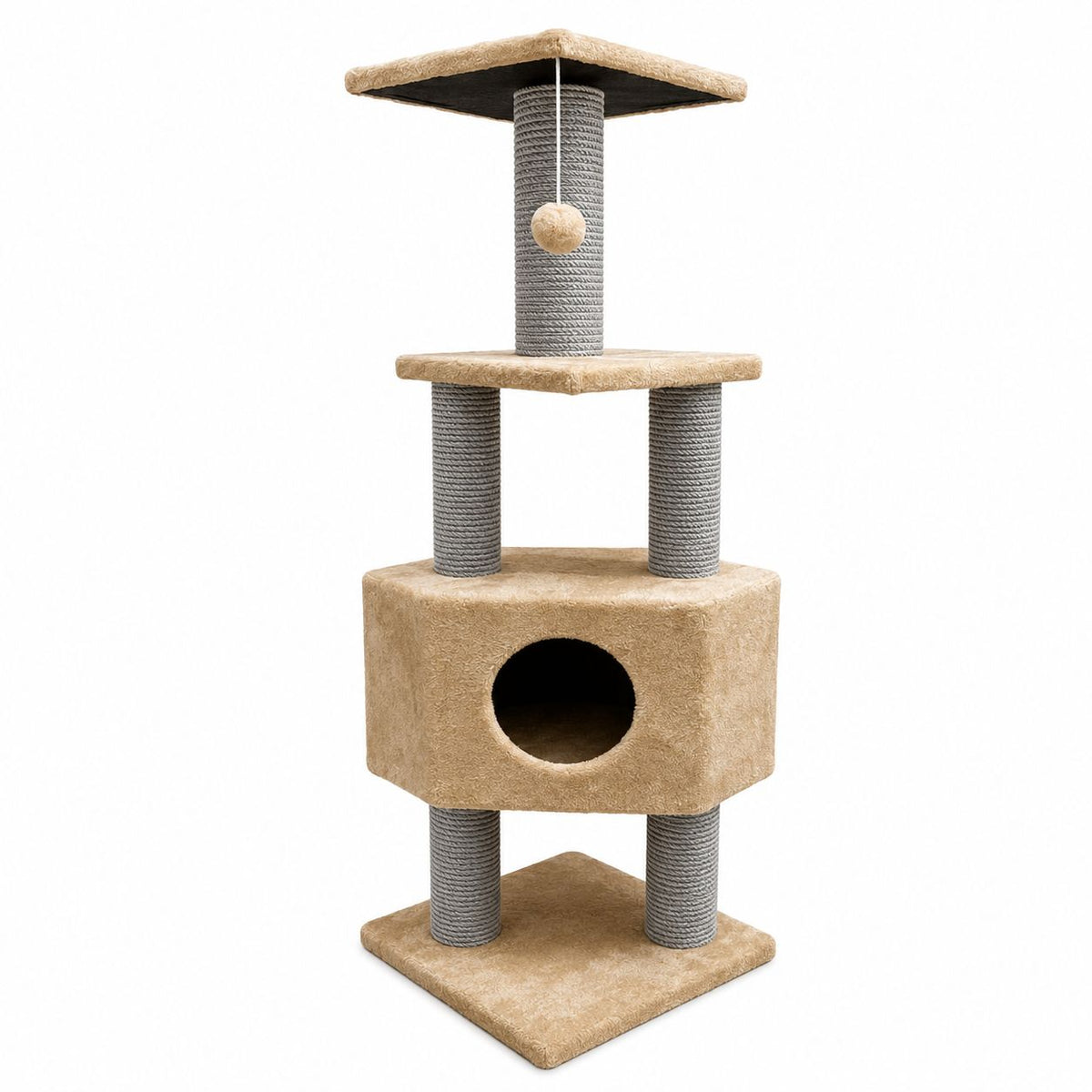 Multi-Level Cat Tree with Condo, Scratching Posts & Hanging Toy – Beige & Grey