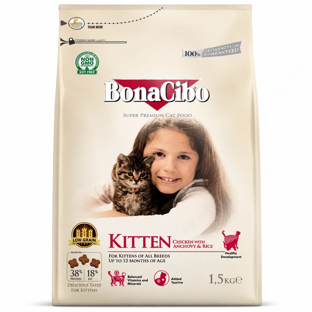 BonaCibo Kitten Cat Food with Chicken, Anchovy & Rice – 1.5 KG