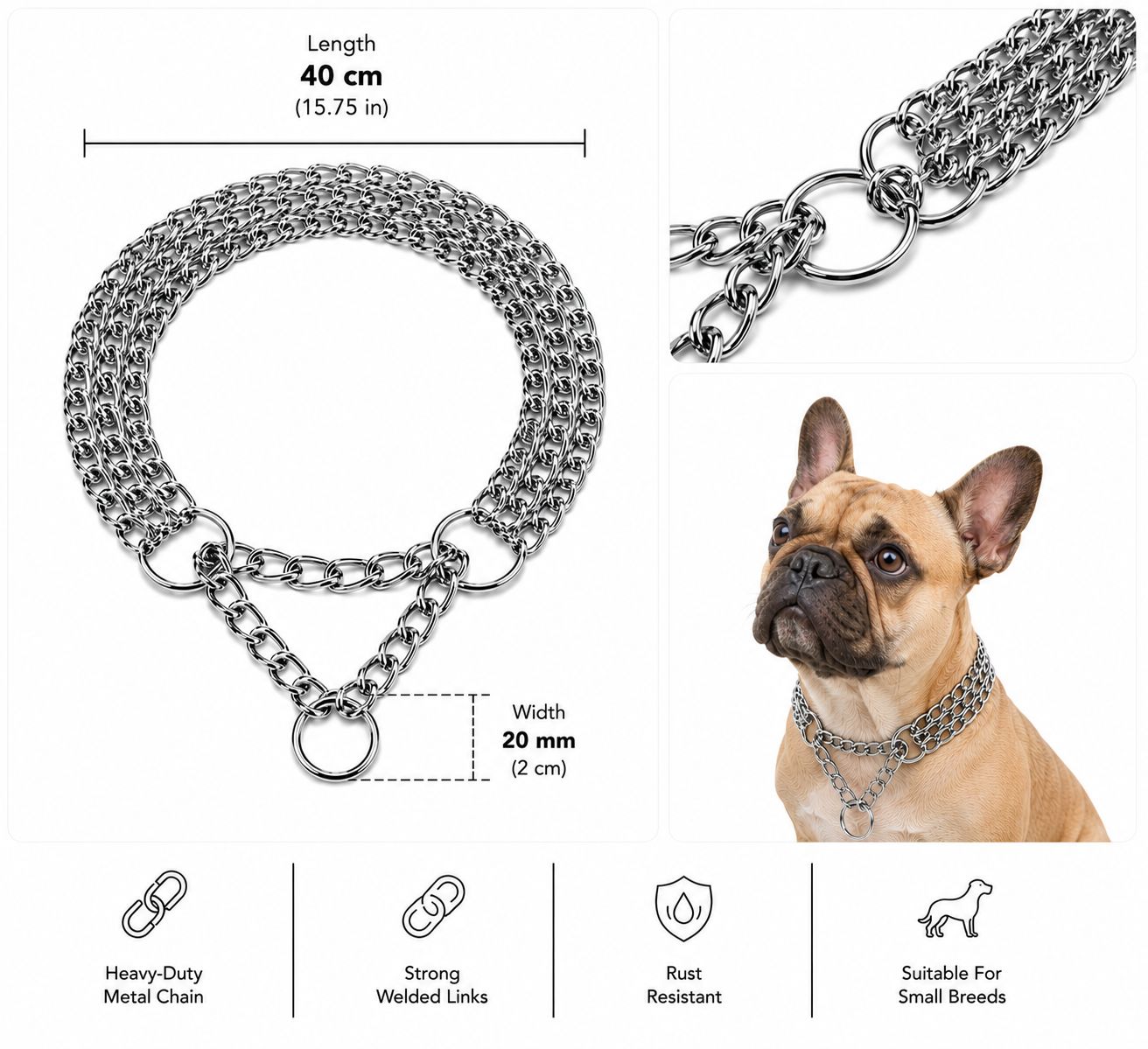 3-Row Metal Training Choke Collar for Dogs – 40 cm | 20 mm