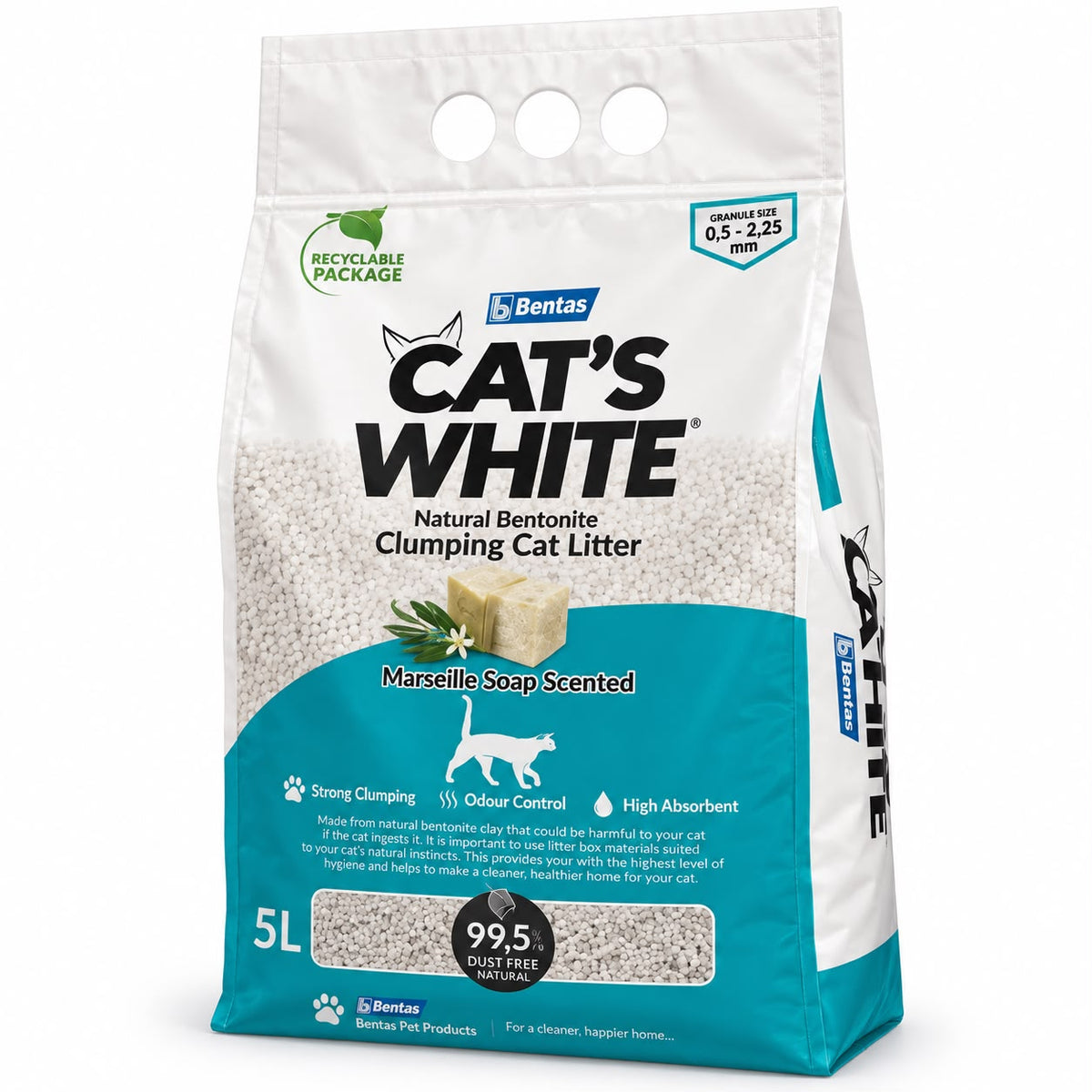 Bentas Cat’s White Natural Bentonite Clumping Cat Litter – Marseille Soap Scented, 5L