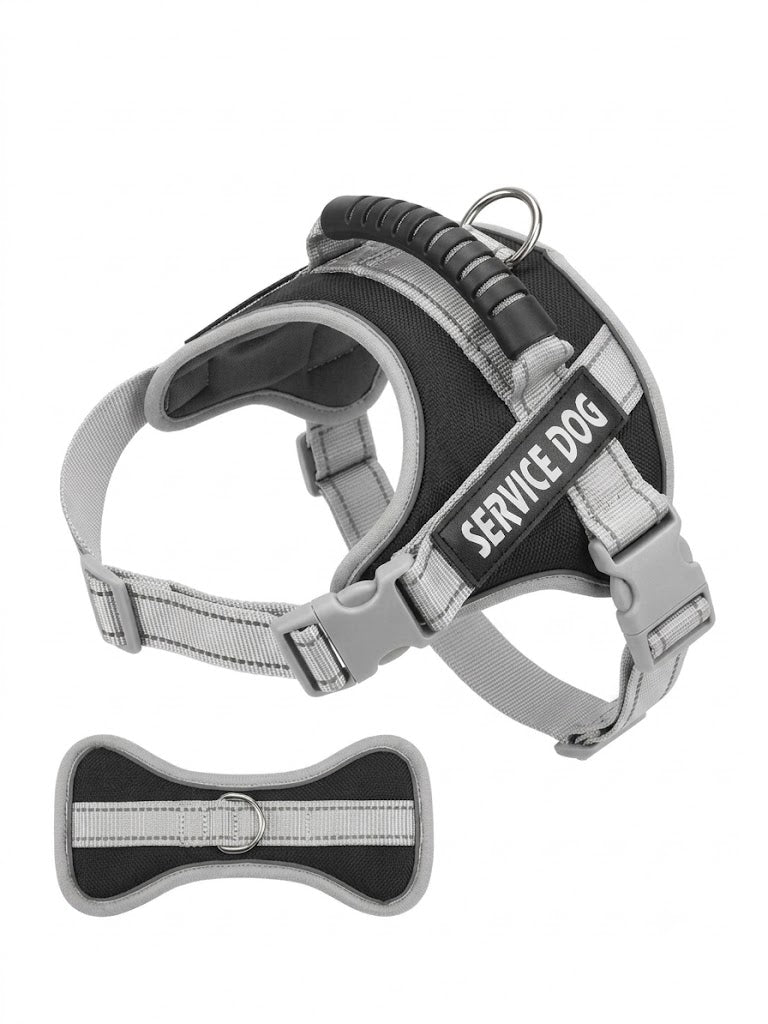 Heavy-Duty Reflective Service Dog Harness with Control Handle & Detachable Chest Pad - Size Large (Black/Grey)