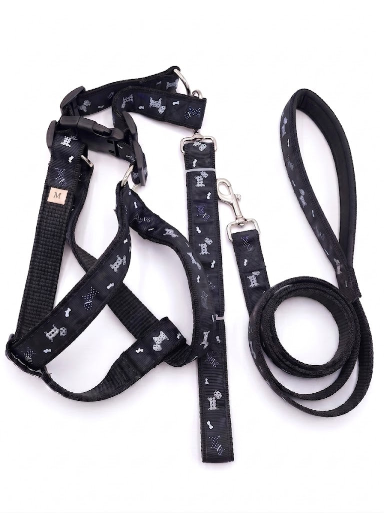 Matching Black Padded Dog Harness and Coordinated Leash Complete 3-Piece Set - Size Medium (M) with Grey Geometric Bone Pattern