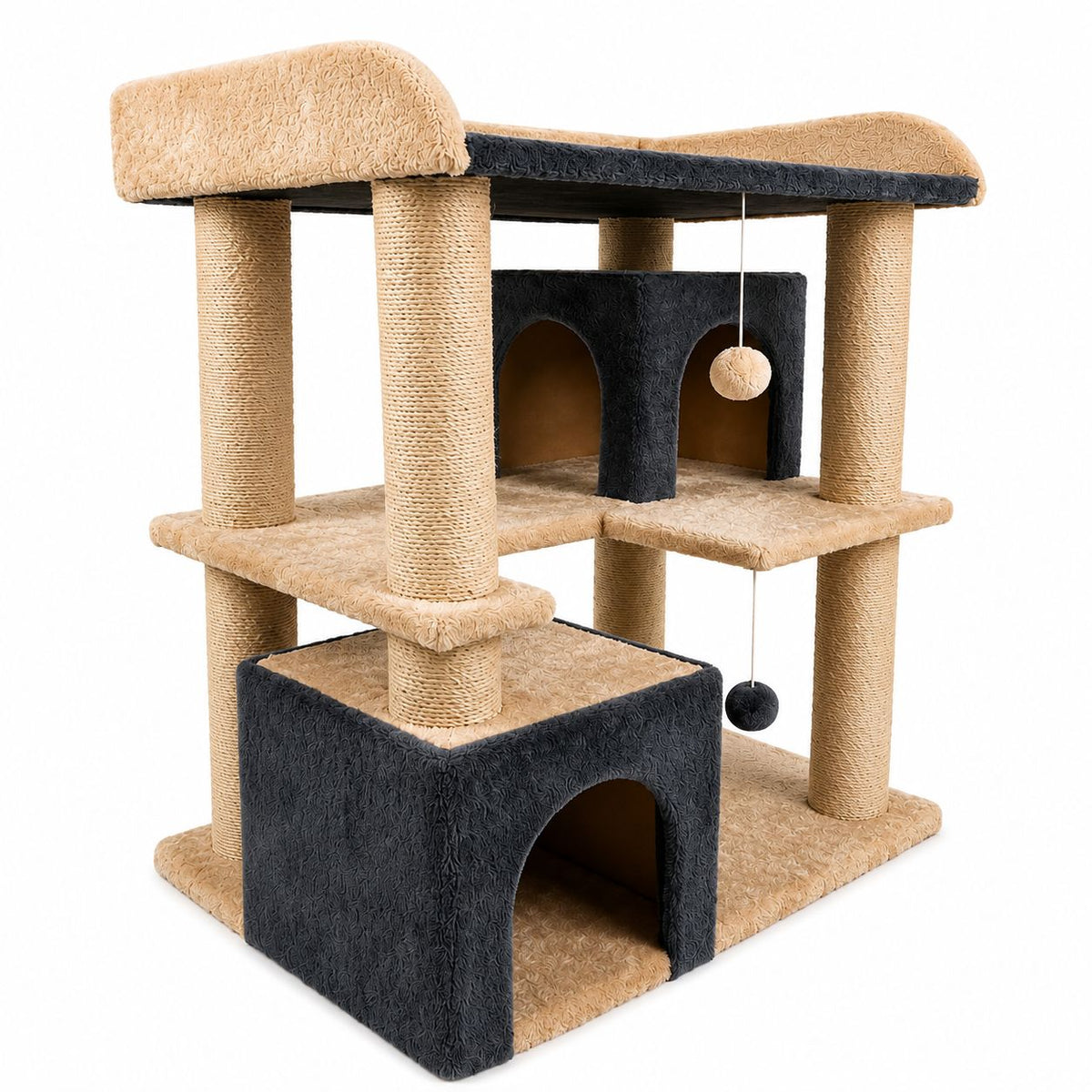 Large Multi-Level Cat Tree with Double Hideaways, Scratching Posts & Top Bed – Beige & Grey