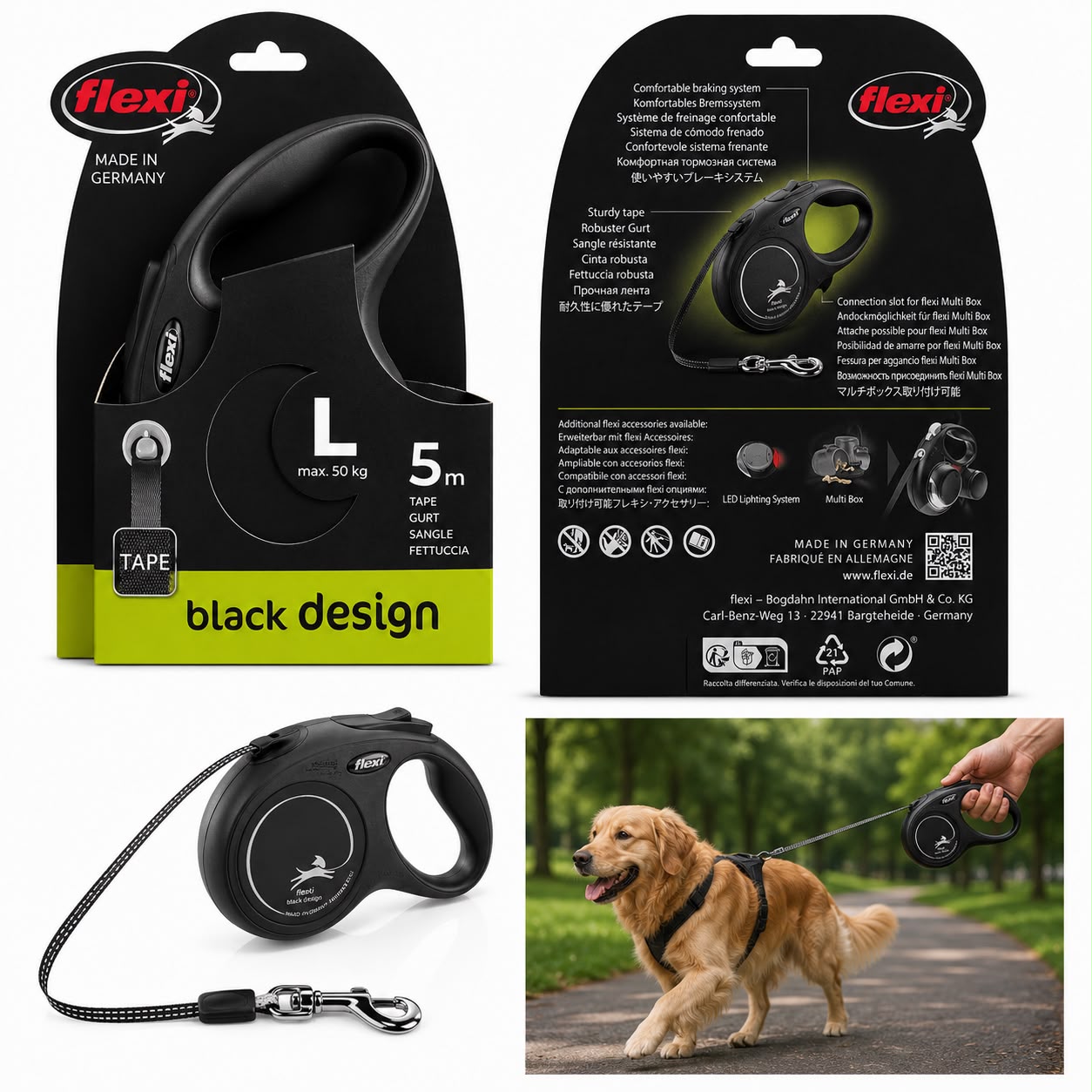 Flexi Black Design Retractable Dog Leash L – 5m Tape | Up to 50kg | Made in Germany