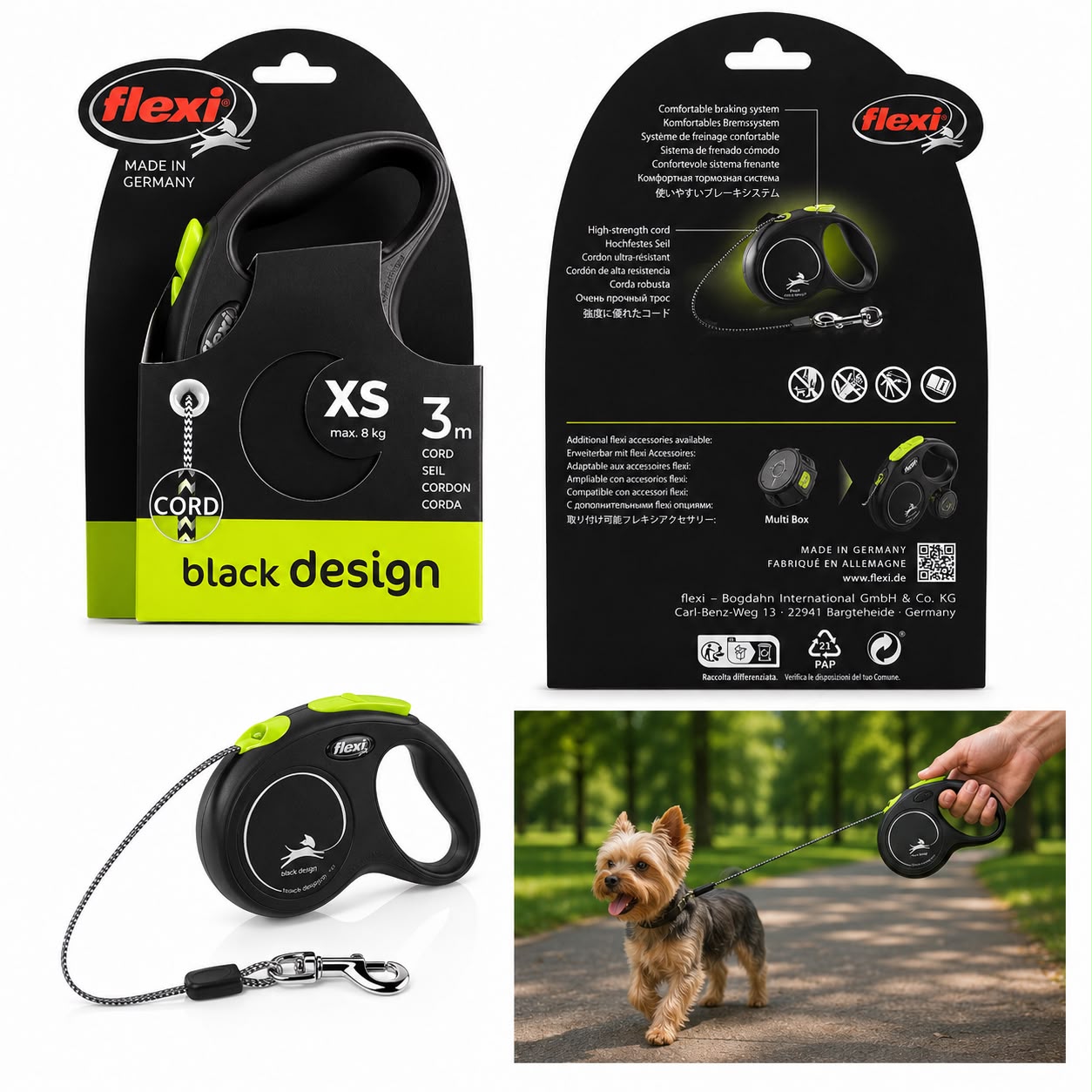 Flexi Black Design Retractable Dog Leash – XS | 3m Cord | Up to 8kg | Made in Germany