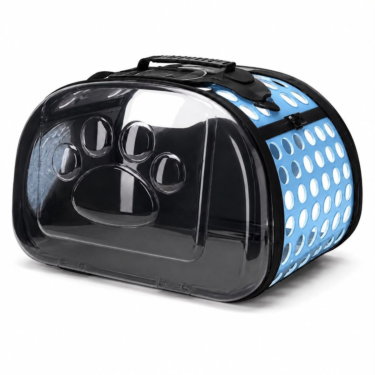 Transparent Paw Design Pet Carrier – Light Blue & Black