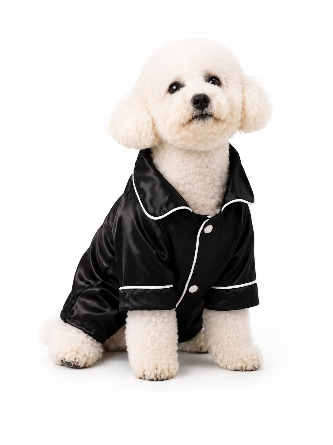 Black Satin Pet Pajama Shirt with White Piping – Medium