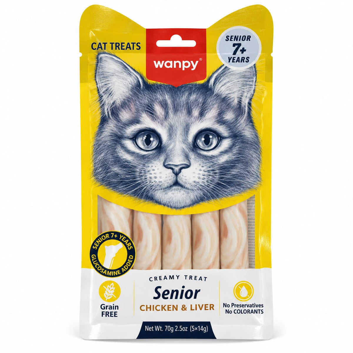 Wanpy Senior Creamy Cat Treat – Chicken & Liver with Glucosamine, 70g (5 × 14g)