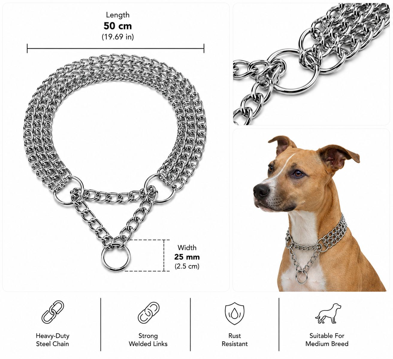 Multi-Row Metal Training Choke Collar for Dogs – 50 cm | 25 mm