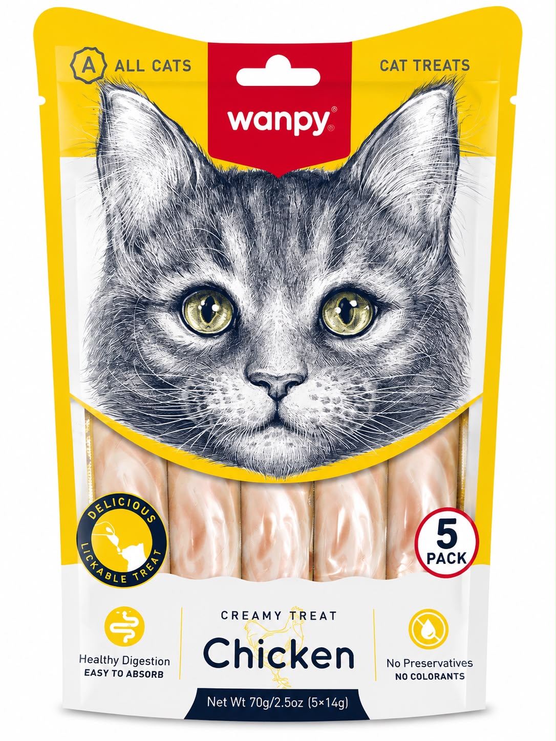 Wanpy Creamy Chicken Cat Treats – Lickable Treat Sticks – 70g (5 × 14g)