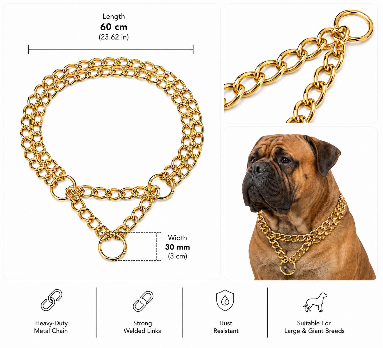 2-Row Gold Metal Training Choke Collar for Dogs – 60 cm | 30 mm