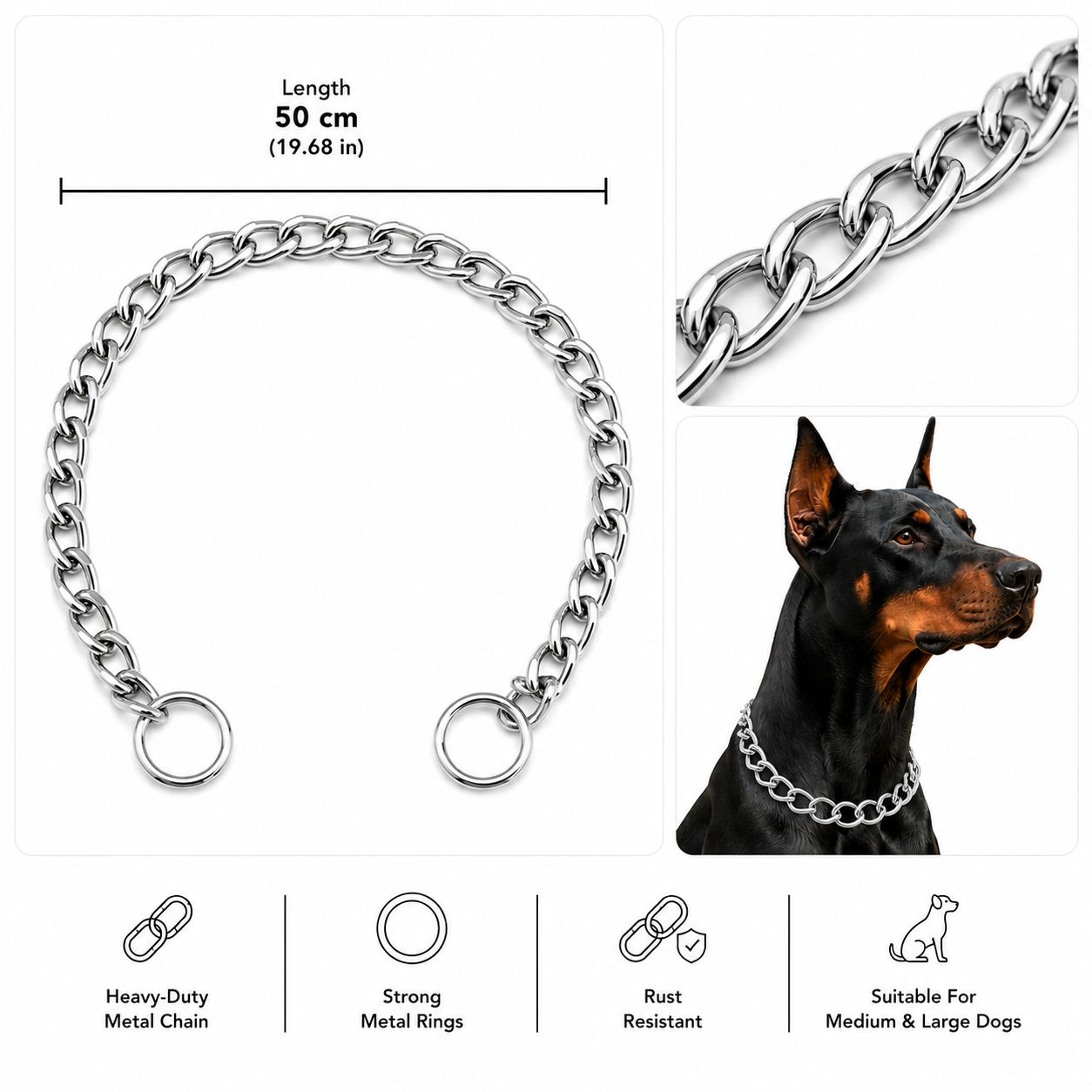 Silver Slip Chain Training Collar for Dogs – 50 cm × 12 mm