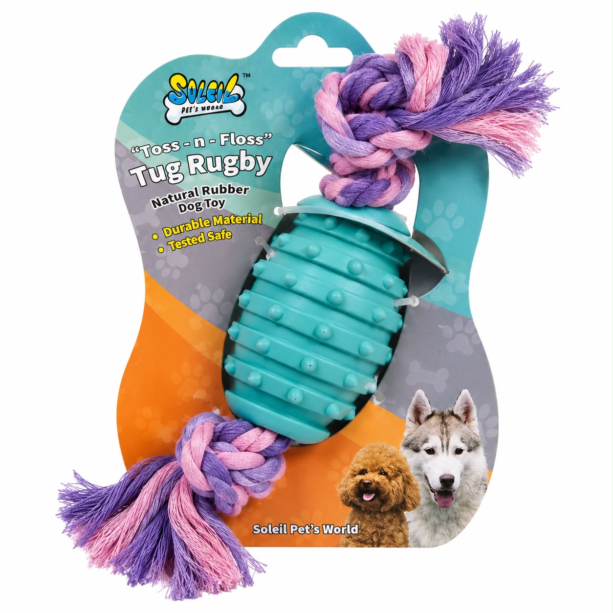 Soleil Toss-N-Floss Tug Rugby Dog Toy – Natural Rubber & Rope Chew Toy