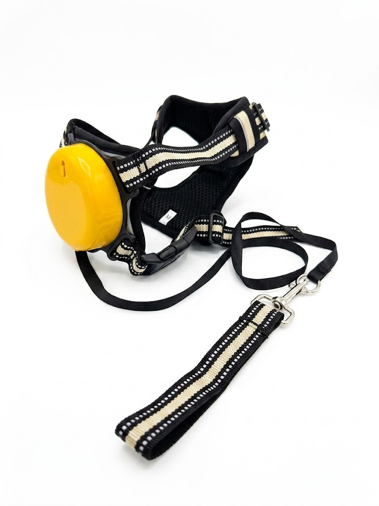 2-in-1 Integrated Retractable Leash & Breathable Mesh Dog Harness with Reflective Straps (Medium, Black/Yellow)