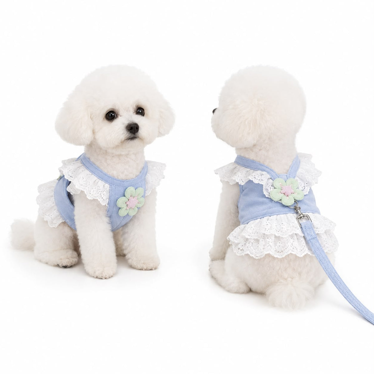 Pastel Blue Floral Lace Pet Harness Dress with Leash – Medium
