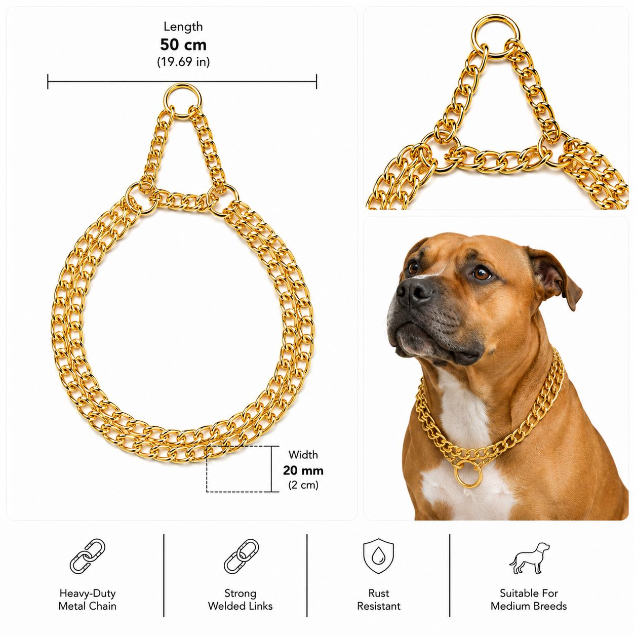 2-Row Gold Metal Training Choke Collar for Dogs – 50 cm | 20 mm