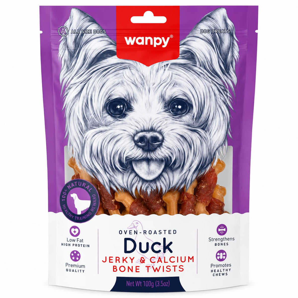 Wanpy Oven-Roasted Duck Jerky & Calcium Bone Twists Dog Treats – 100g