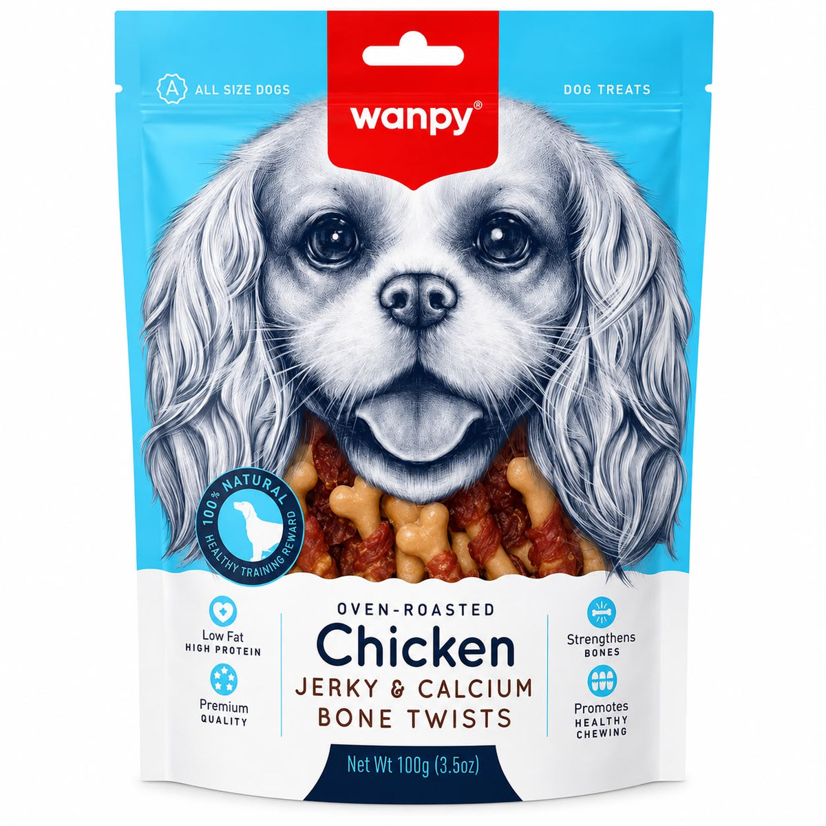 Wanpy Oven-Roasted Chicken Jerky & Calcium Bone Twists Dog Treats – 100g
