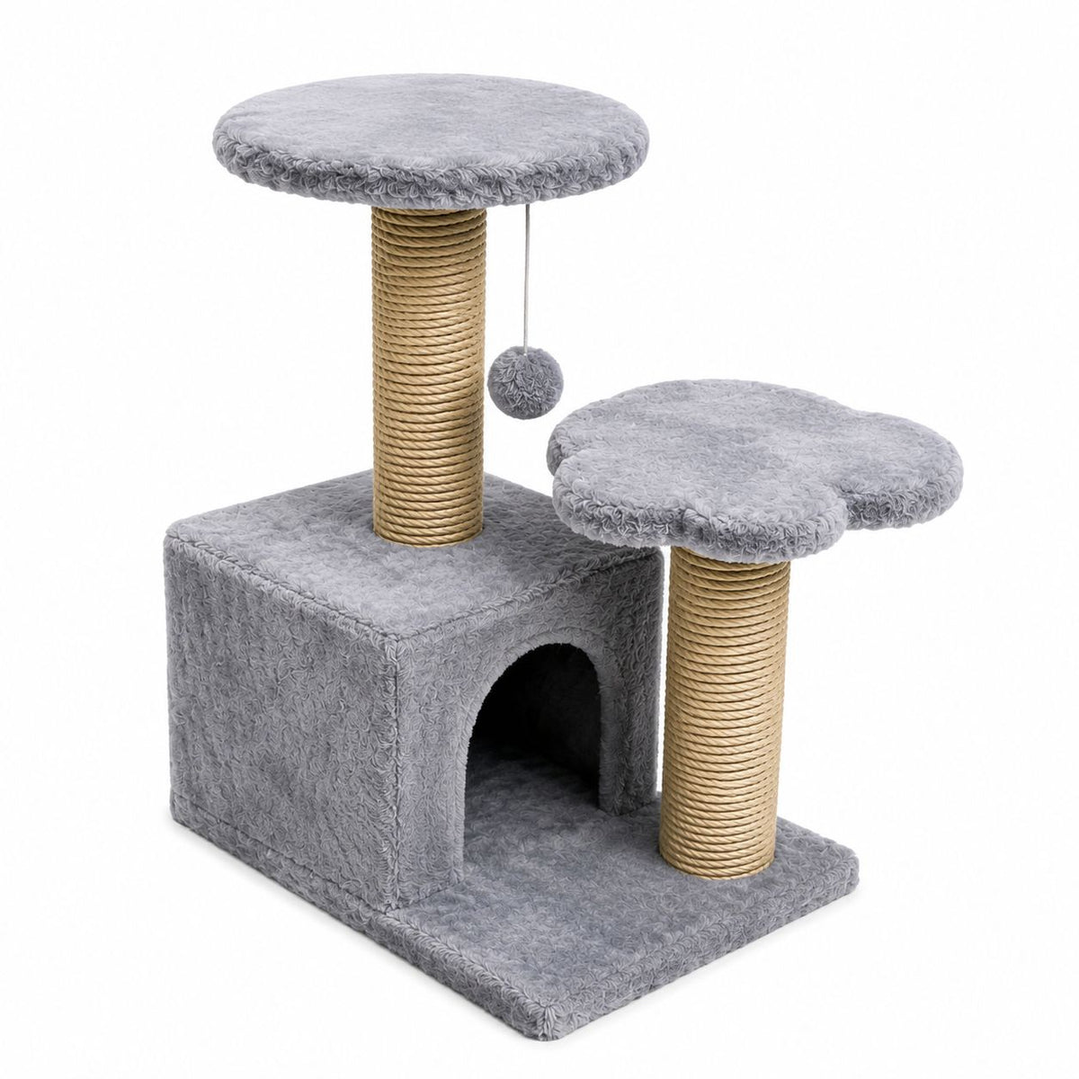 Compact Multi-Level Cat Tree with Scratching Posts, Hideaway & Play Ball – Grey