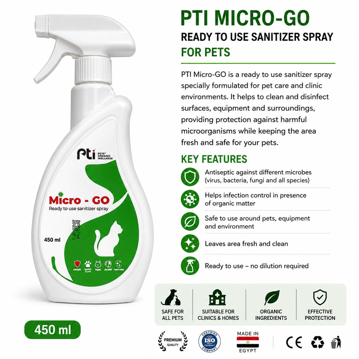 PTI Micro-GO Ready-to-Use Pet Sanitizer Spray – 450ml