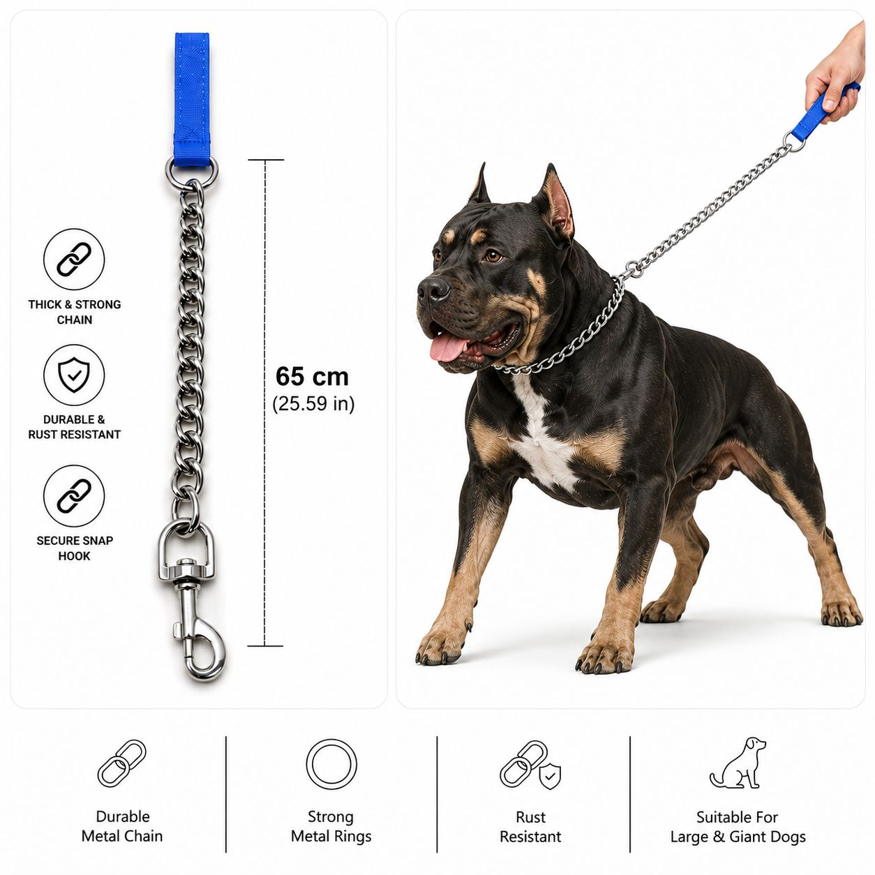 Heavy-Duty Short Chain Leash for Dogs - blue color– 65 cm