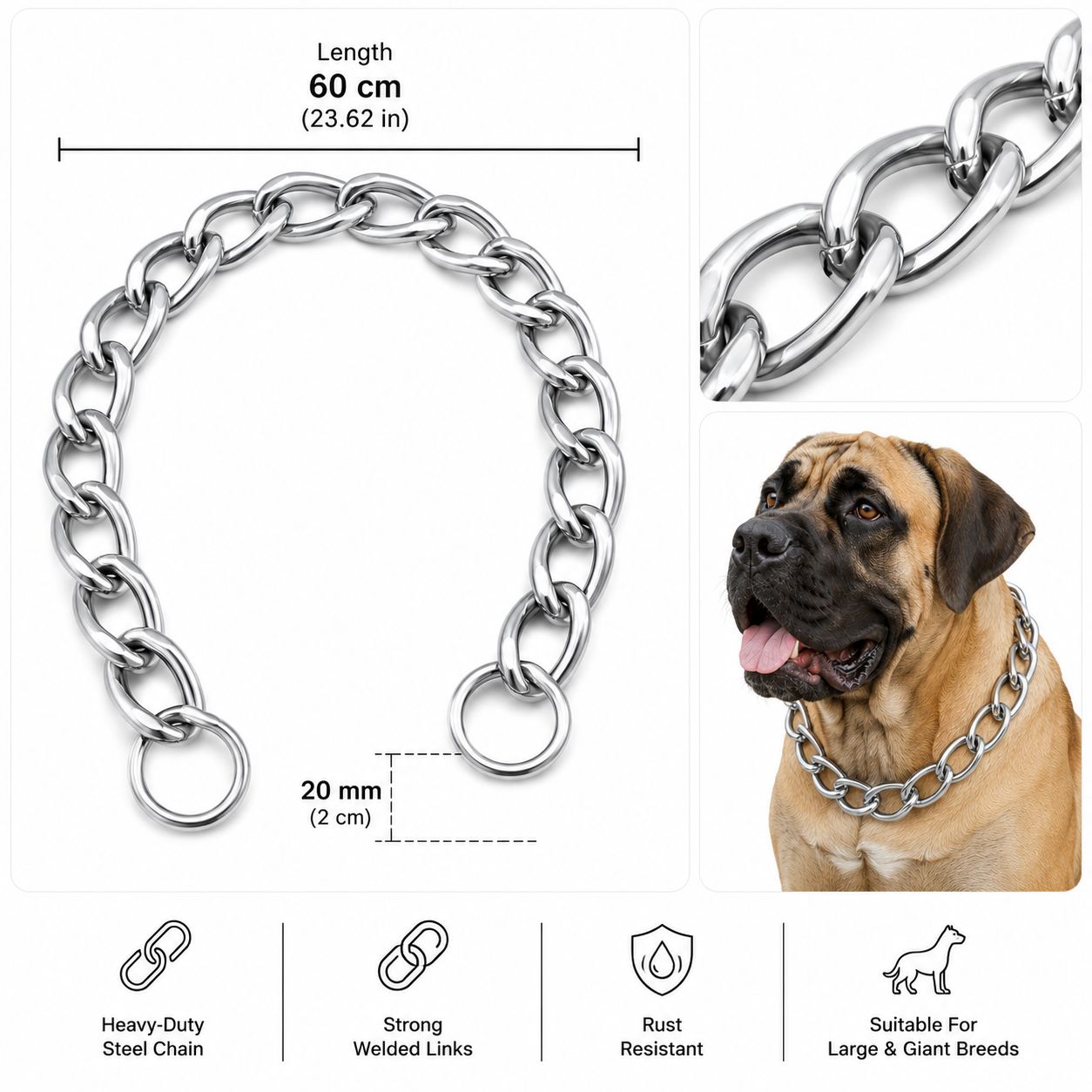 Heavy-Duty Training Chain Collar for Dogs – 60 cm | 20 mm