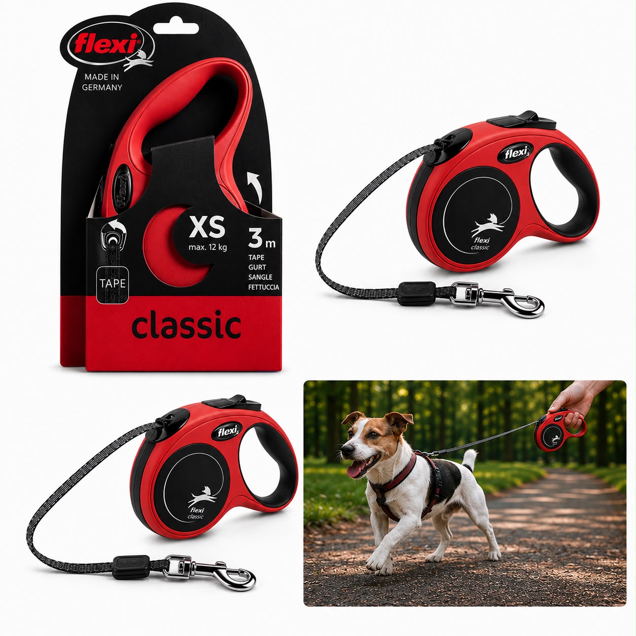 Flexi Classic Retractable Dog Leash – XS | 3m Tape | For Dogs up to 12kg | Red