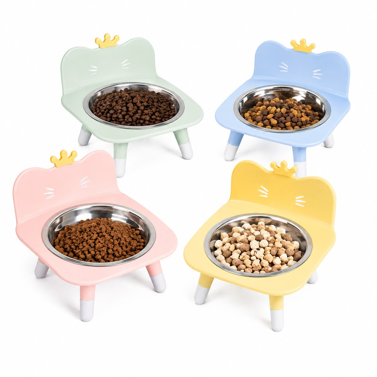 Elevated Stainless Steel Cat Bowl with Cute Crown Design – Assorted Colors