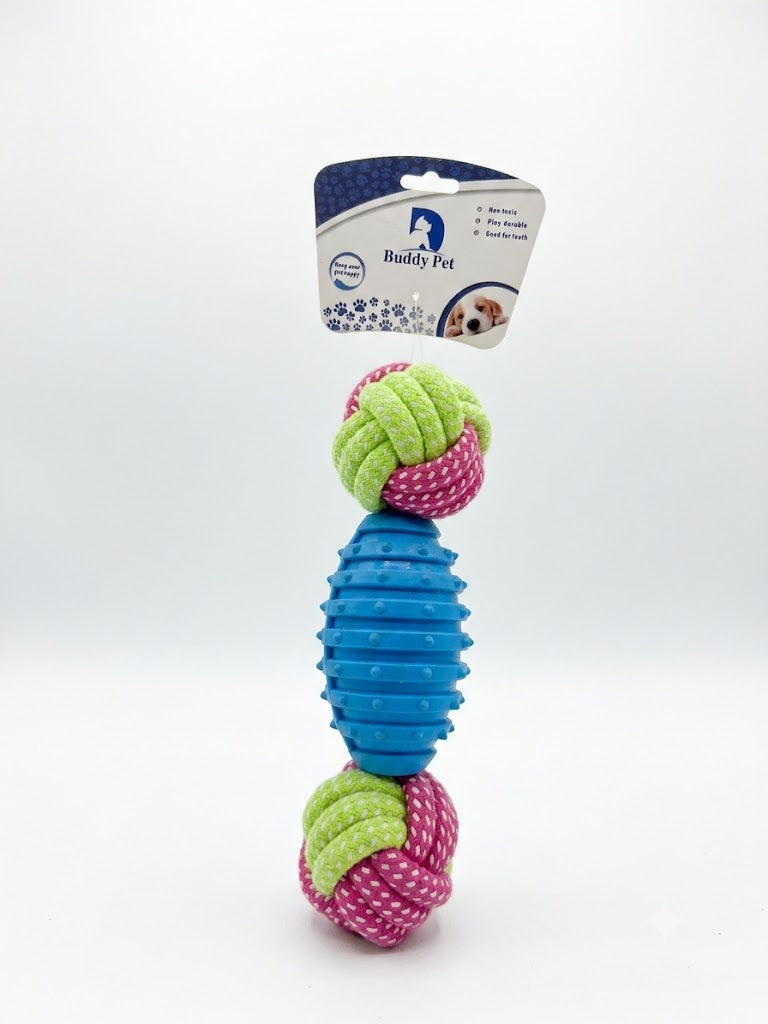 Buddy Pet Dual-Texture Dental Rubber & Rope Knot Chew Toy (Blue/Green/Pink)