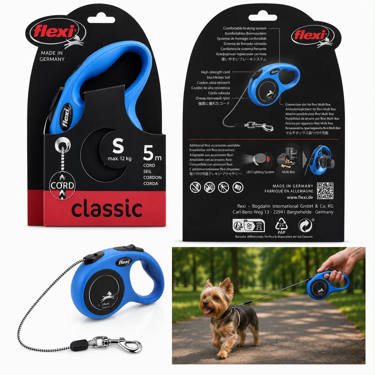 Flexi Classic Retractable Dog Leash S – 5m Cord | Up to 12kg | Blue | Made in Germany