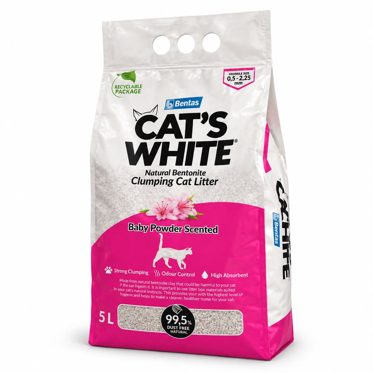 Bentas Cat’s White Natural Bentonite Clumping Cat Litter – Baby Powder Scented, 5L