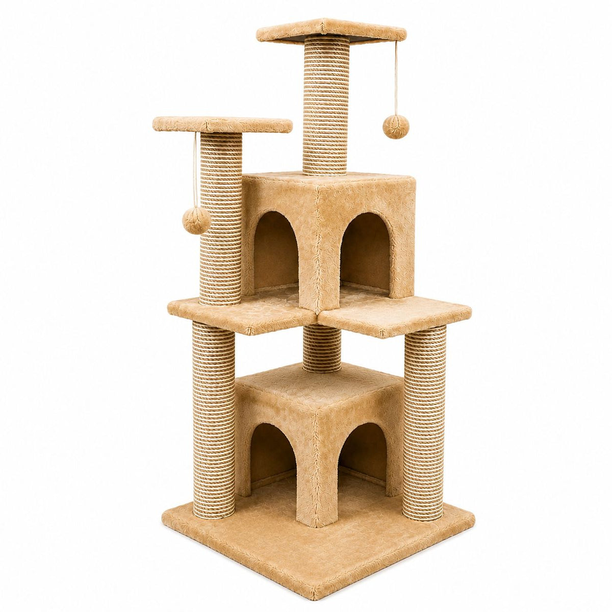 Multi-Level Cat Tree with Scratching Posts, Double Cat Houses & Play Balls – Beige