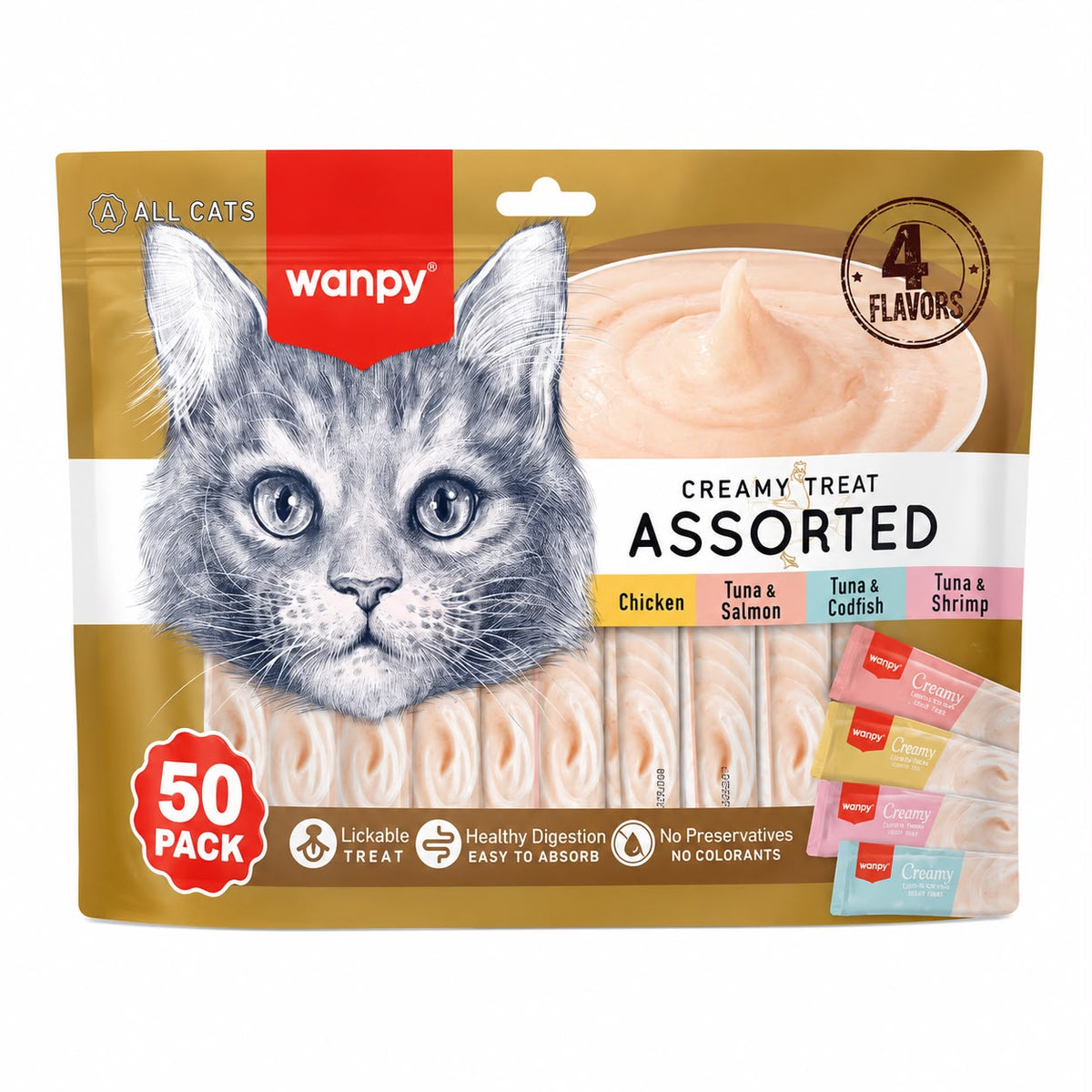 Wanpy Creamy Treat Assorted Cat Snacks – 4 Flavors, 50 Pack