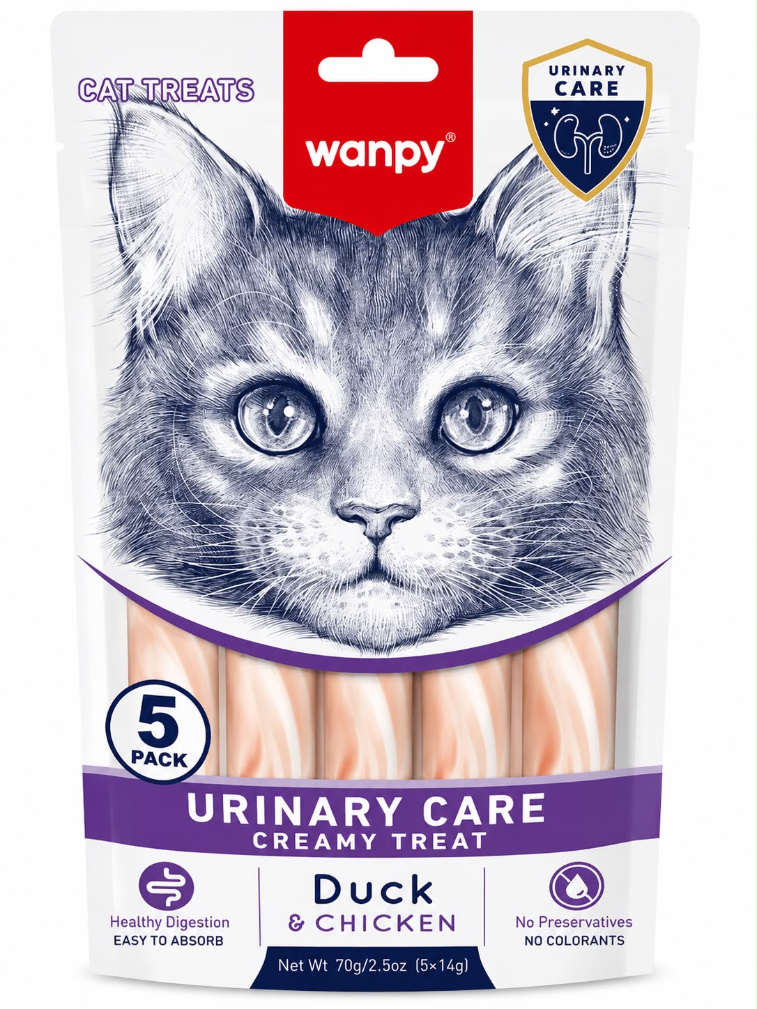 Wanpy Urinary Care Creamy Cat Treats – Duck & Chicken – 5 Pack, 70g
