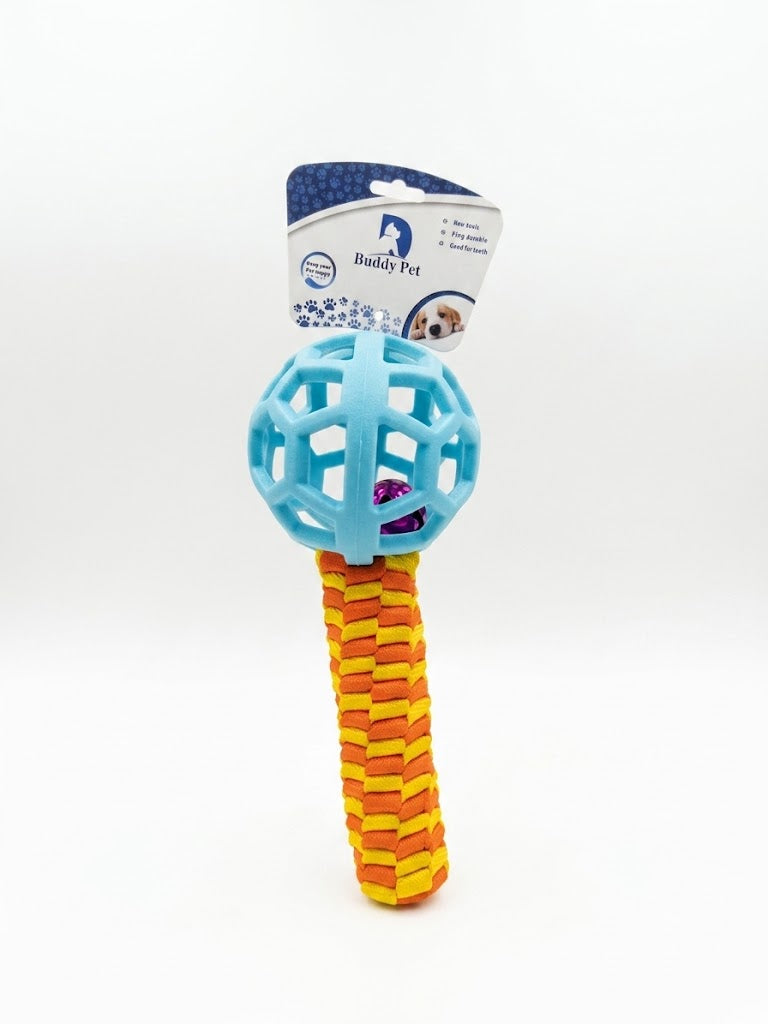 Buddy Pet Interactive Rope Tug & Geometric Rubber Ball Toy with Bell (Light Blue & Orange/Yellow)